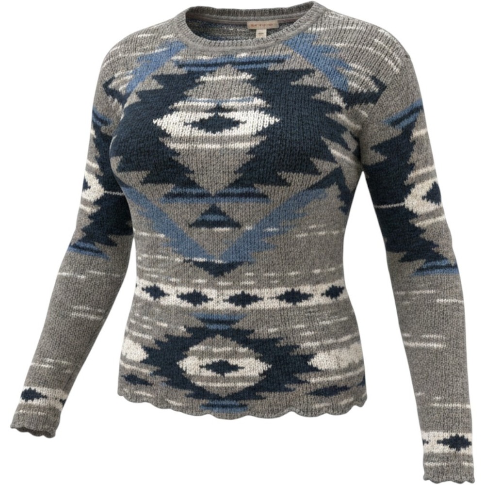 Triple Five Soul Womens Aztec Southwestern Knit Sweater Blue Grey White Medium